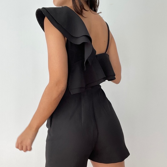 Topshop Black Ruffle One-Shoulder Playsuit (Size 6/8) - Picture 3 of 8